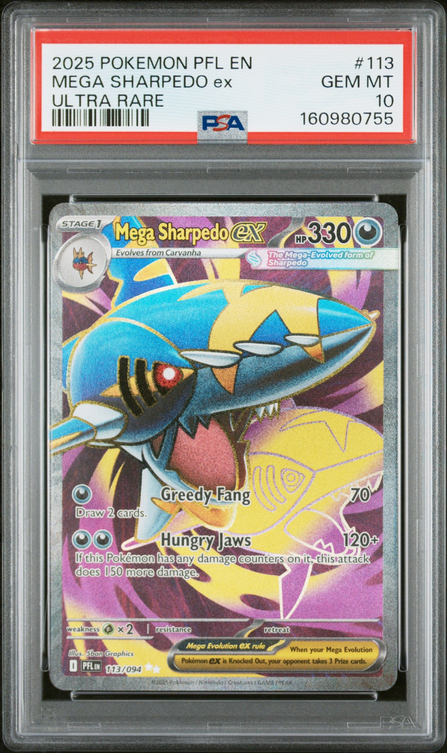 2025 Pokemon Pfl En-Phantasmal Flames Mega Sharpedo Ex Ultra Rare #113 PSA 10