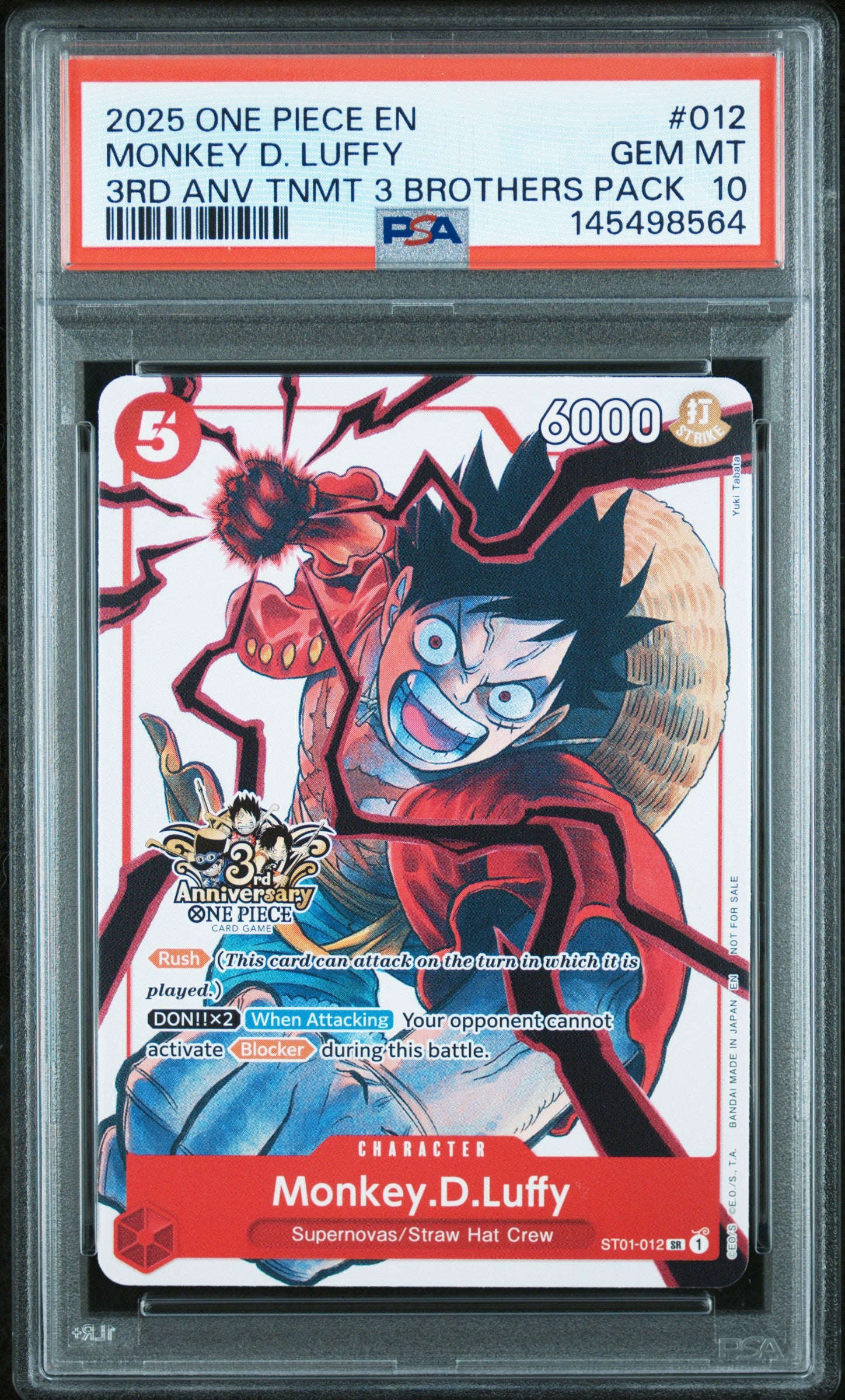 2025 One Piece 3rd Anniversary Tournament 3 Brothers Pack Monkey D. Luffy #12 PSA 10