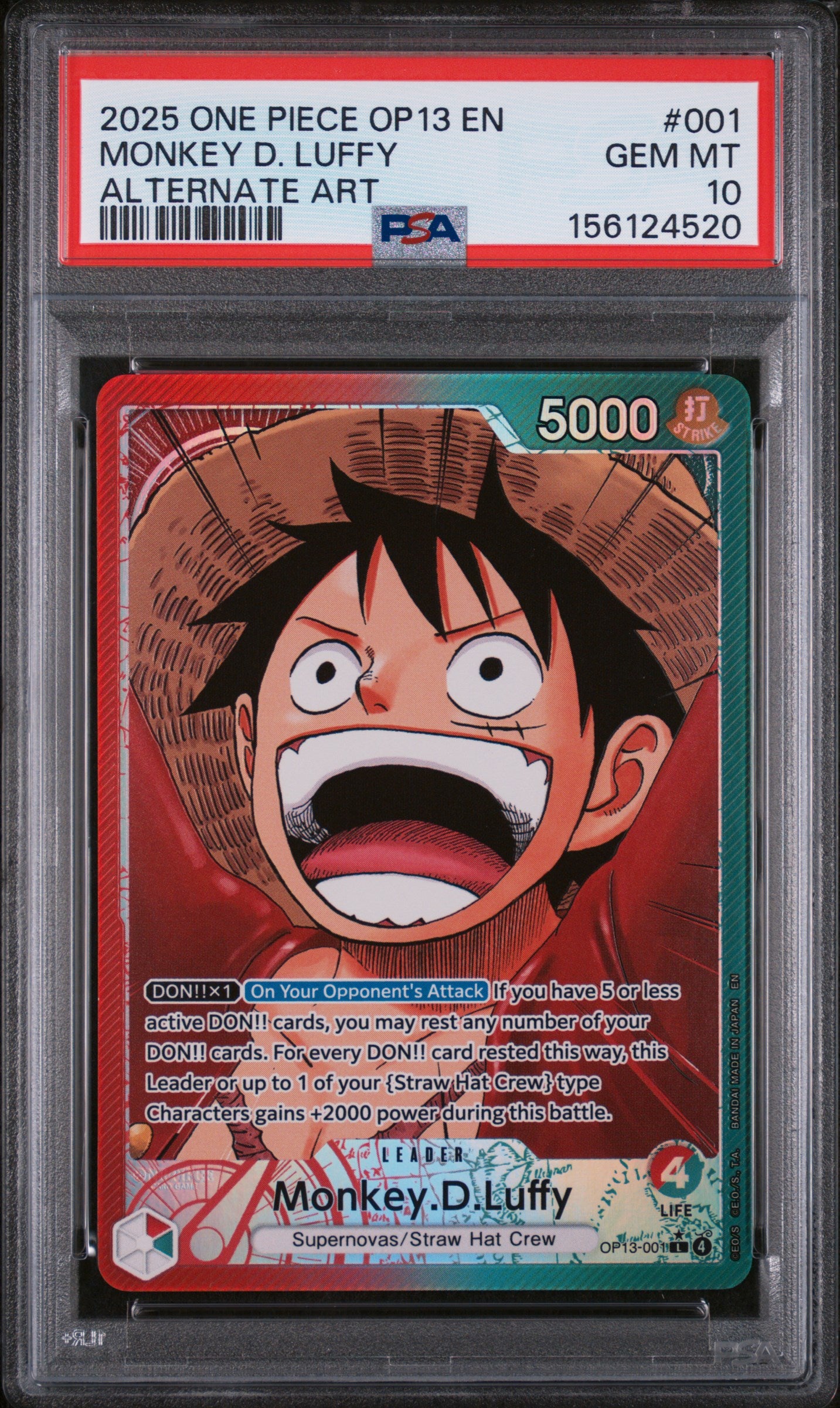 2025 One Piece Op13-Carrying on His Will Monkey D. Luffy Alternate Art #1 PSA 10