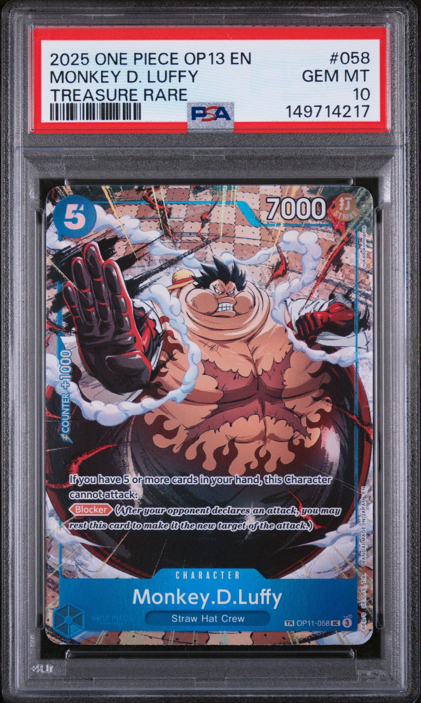 2025 One Piece Op13-Carrying on His Will Monkey D. Luffy Treasure Rare #58 PSA 10
