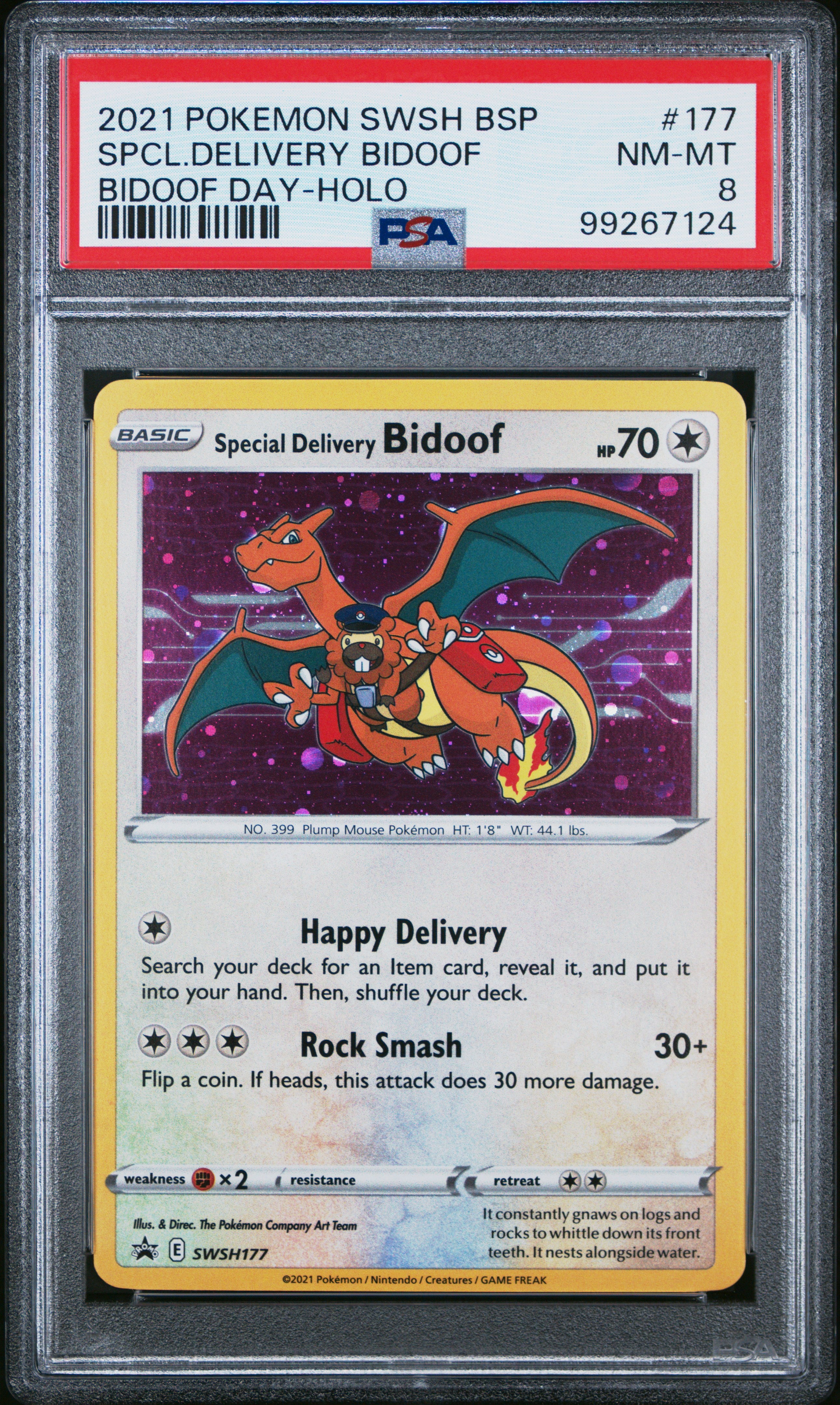 2021 Pokemon Swsh Black Star Promo Special Delivery Bidoof-Holo Bidoof Day #177 PSA 8